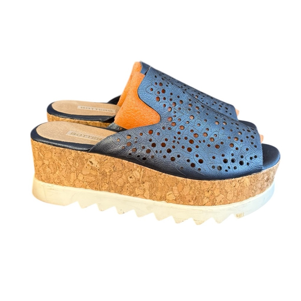 Bottero Blue Perforated Leather Sandals with Cork Platform Women’s Size 7